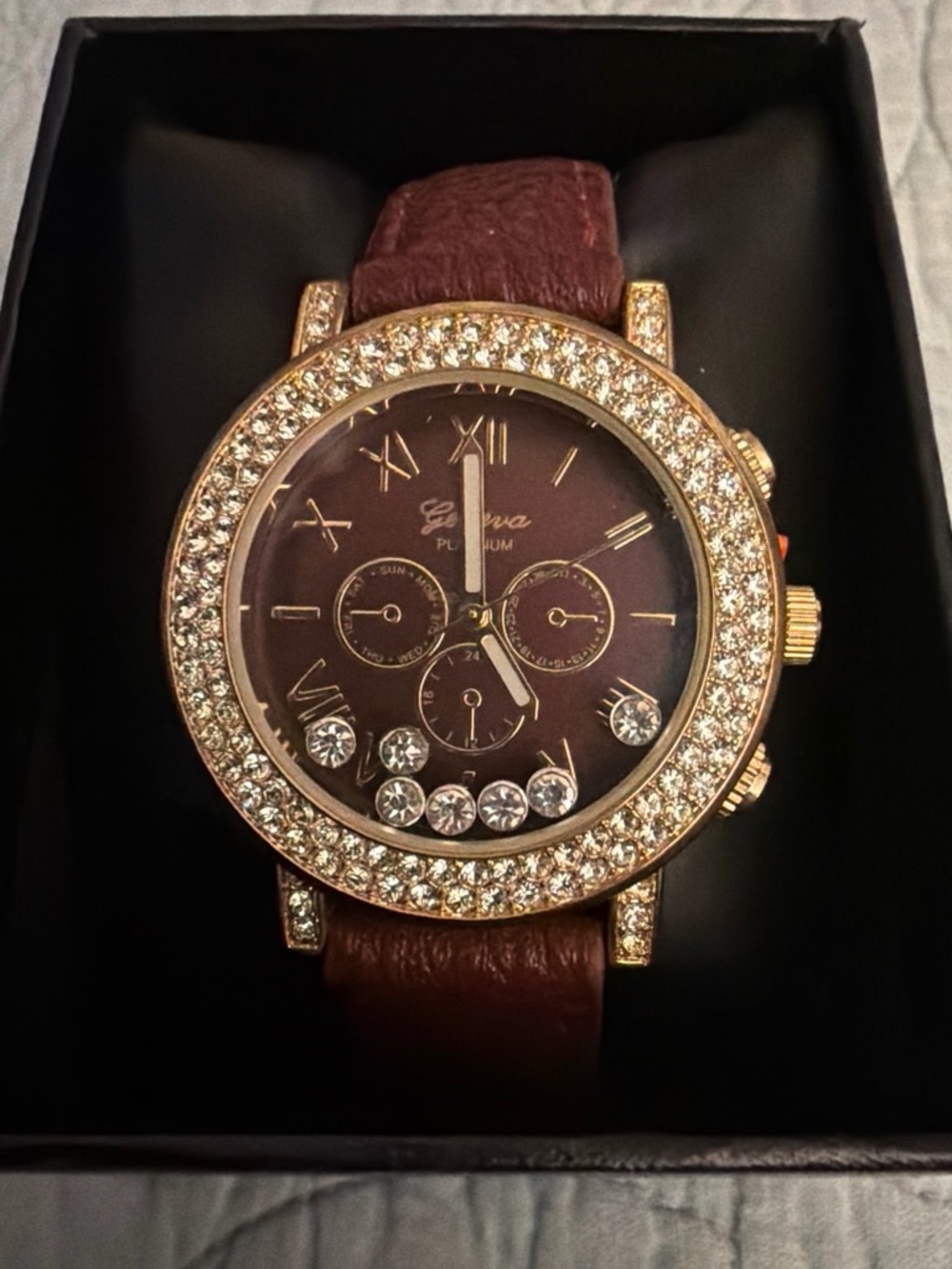 Geneva Gold Crystal Bezel Watch with Brown Dial and Strap